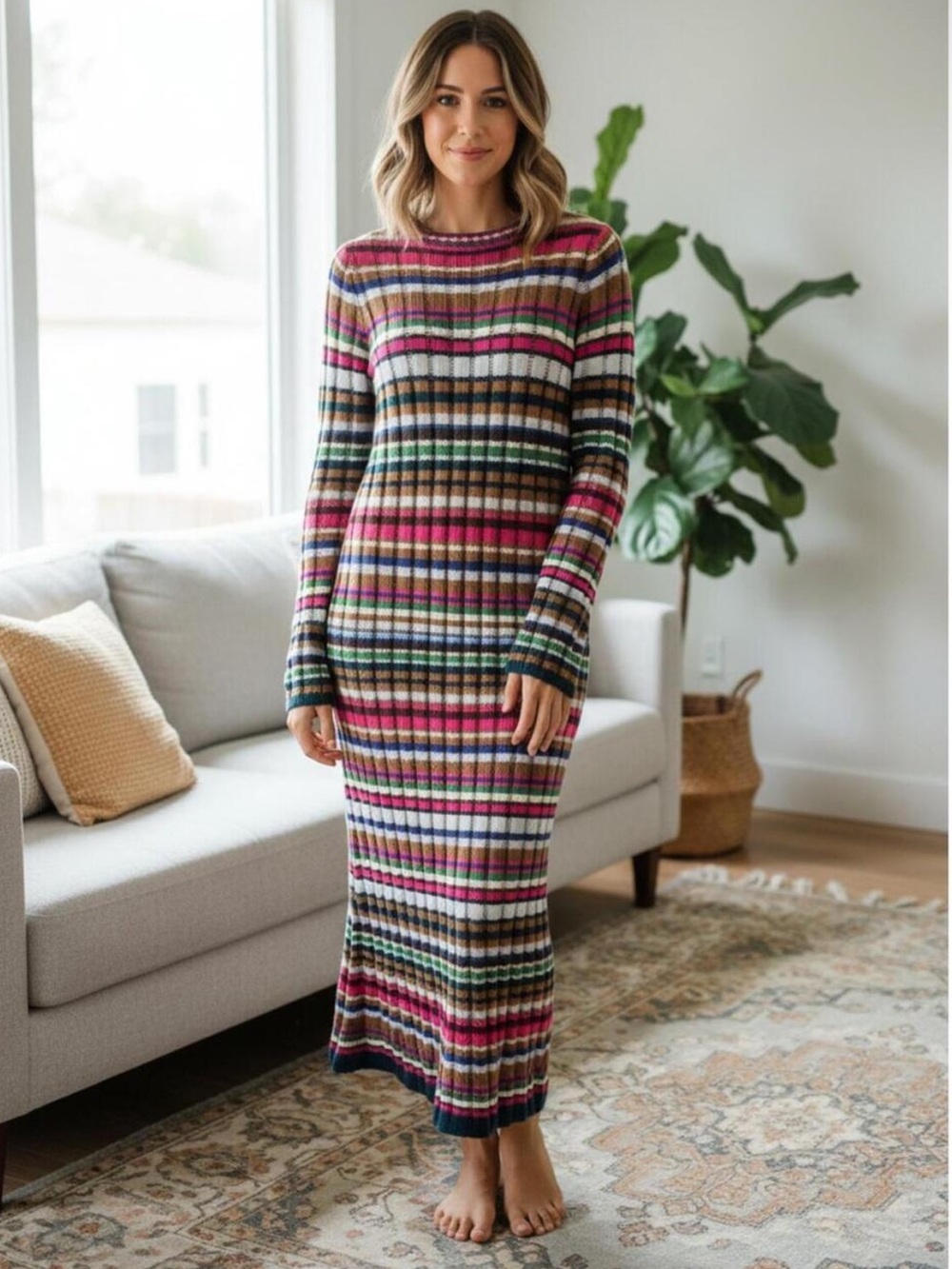 Eleven Six Caroline Striped Baby Alpaca Blend Knit Sweater Dress Premium Large